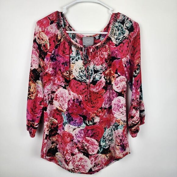 ANTHROPOLOGIE VANESSA VIRGINIA WOMENS XS FLORAL ROSE SILK BLOUSE TOP CUT OUTS - Picture 1 of 6
